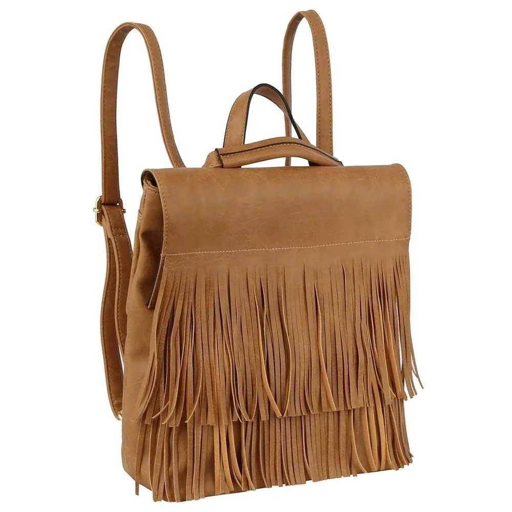 Women's Brown Western Fringe Convertible Backpack Messenger Bag Carry All Bag
